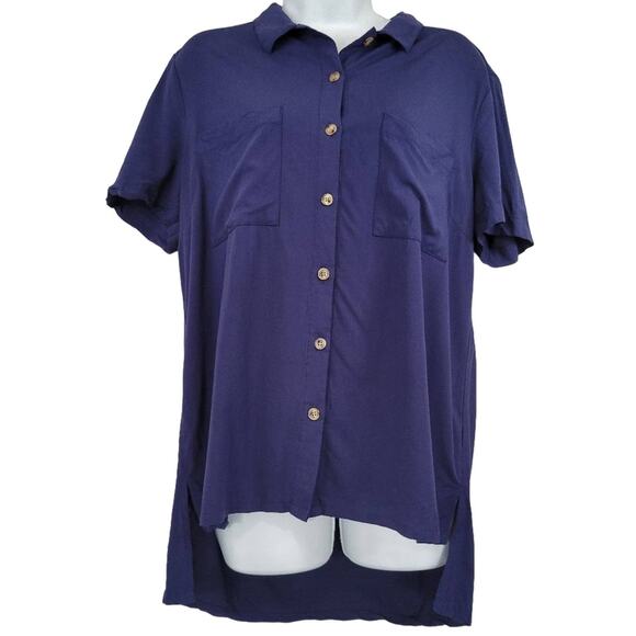 AGNES & DORA Women's Blue Button Up Short Sleeve High Low Shirt Top - Picture 1 of 5